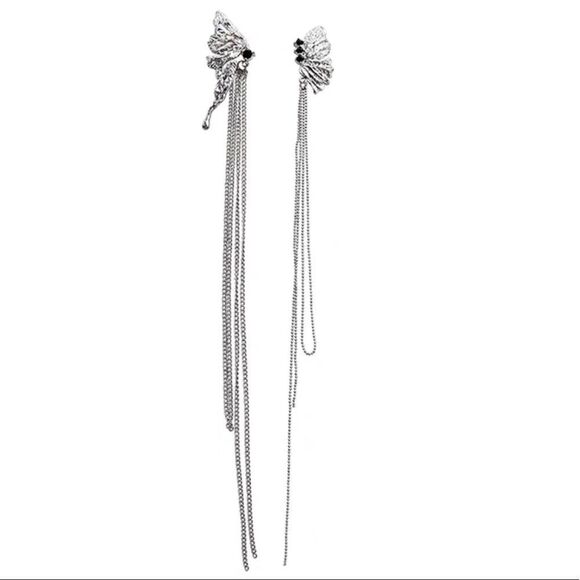 New 925 Silver Post  Asymmetric Butterfly Wing Long Tassel Earrings - Picture 13 of 13